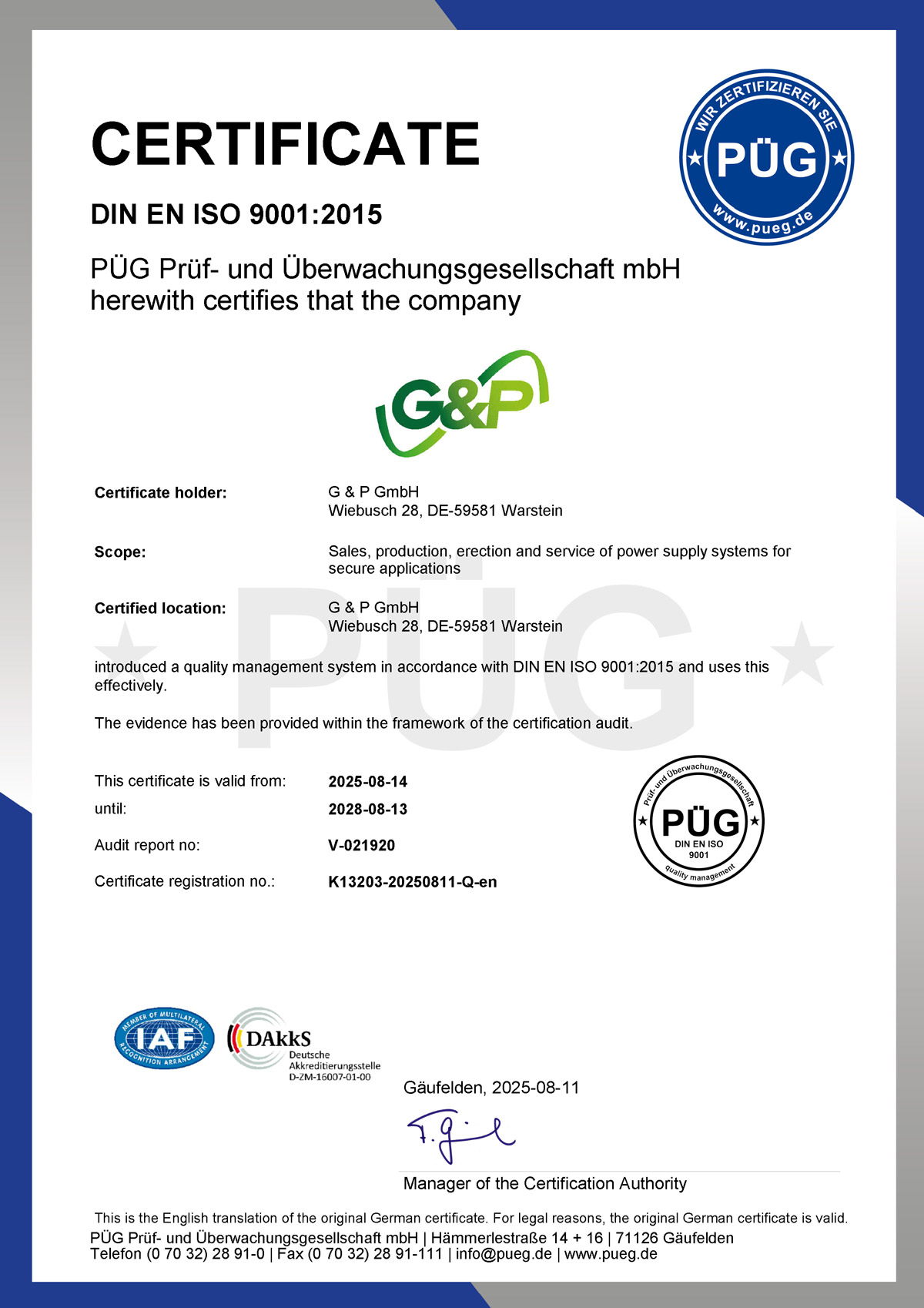 ISO 9001 Zertifikat englisch
